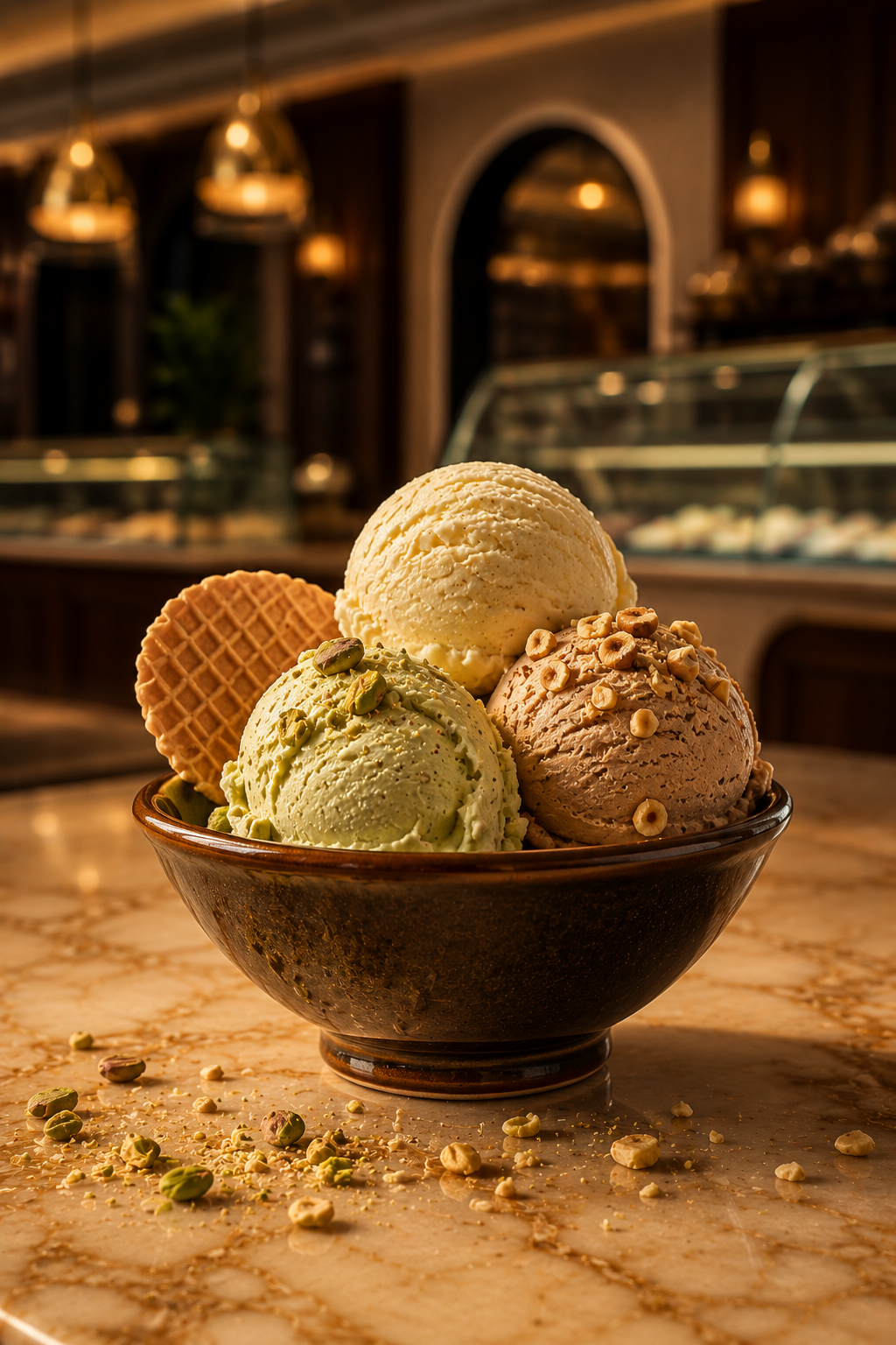 A luxury trio gelato with pistachios — the signature presentation